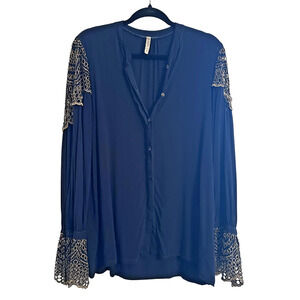 XCVI Blouse Womens Small Navy Blue Embroidered Lace Button Up Boho Lagenlook